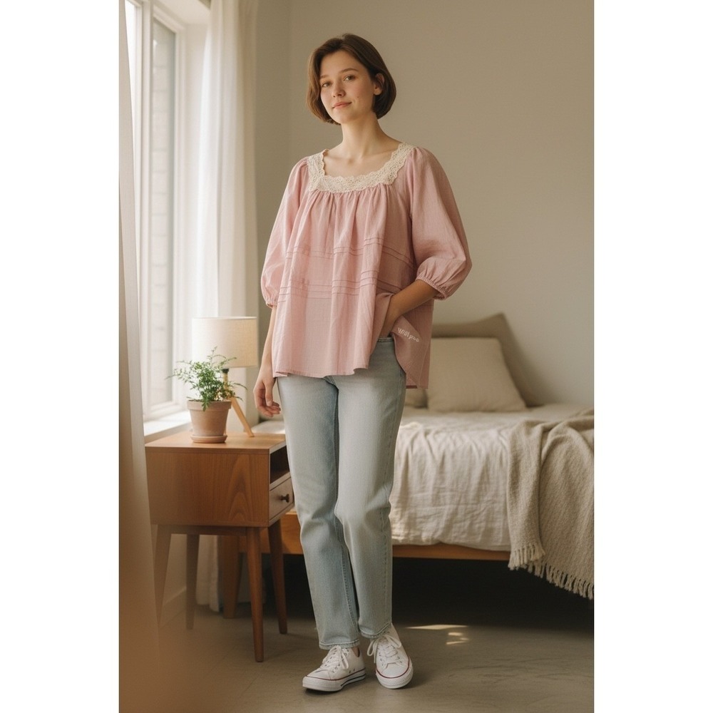 Dusty Rose/Pink Cottagecore Blouse Eyelet Lace Square Neck Pintuck 3/4 Sleeve